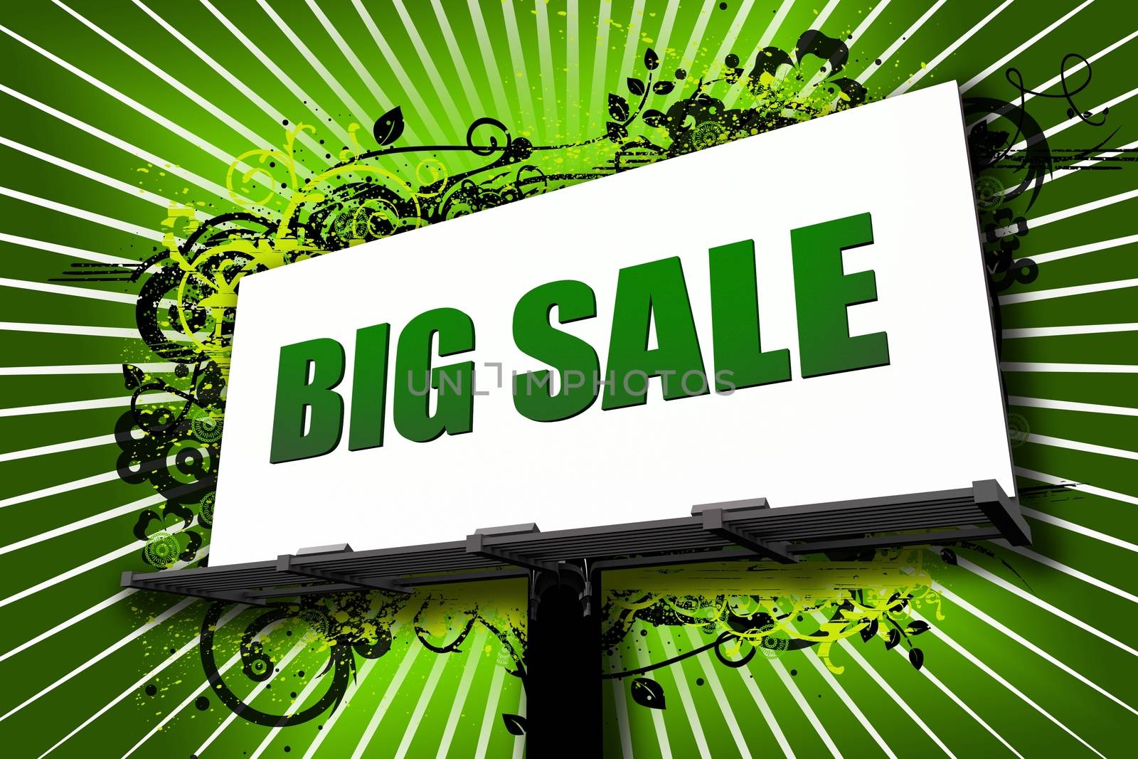 Big Sale Billboard Illustration with Cool Ornament Green Background/. White Background Rays and Green \"Big Sale\" Letters. City Billboard  - Urban Theme