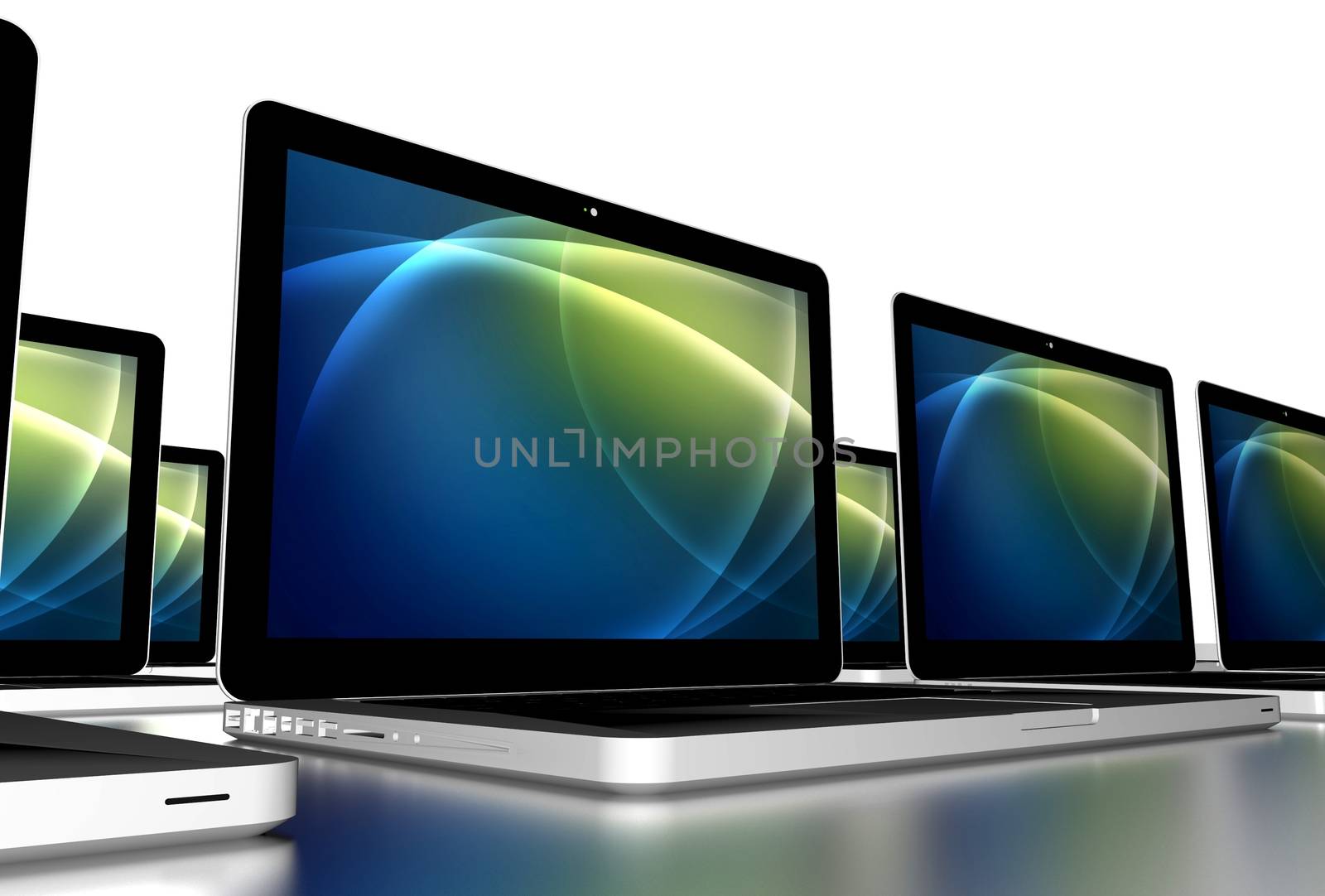 School Laptop Computers. Many Laptops on the Big Desk. Solid White Background. 3D Rendered Laptops Illustration.