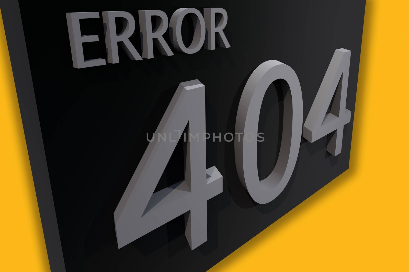 3D Render Illustration: Error 404 Page Not Found. Yellow Background - Black-Gray 3D Board with Word Error 404.