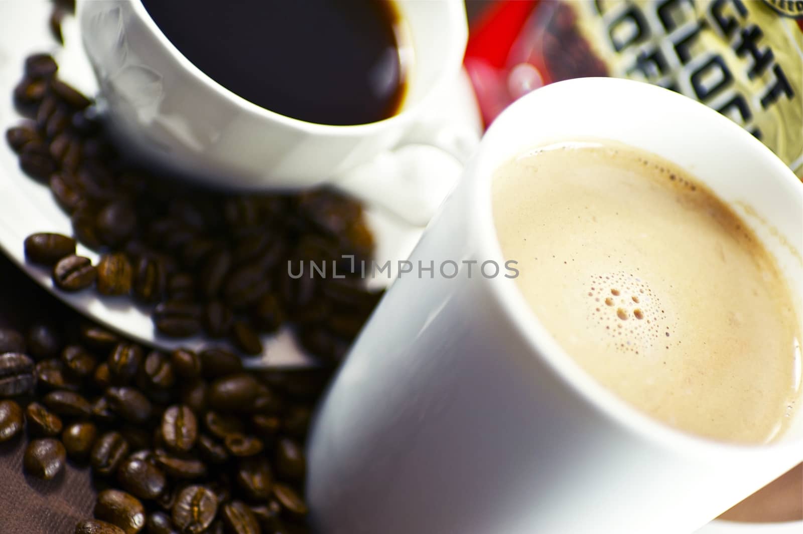 Coffee Shop. Fresh Coffee Cups and Coffee Beans Around.