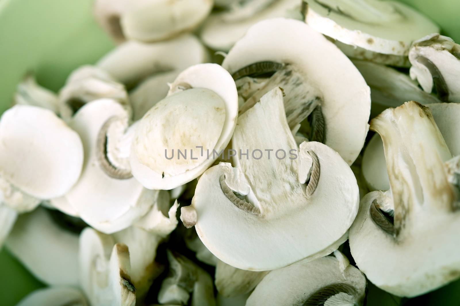 Sliced Fresh Organic Mushrooms. Raw Mushrooms Closeup Horizontal Photo.