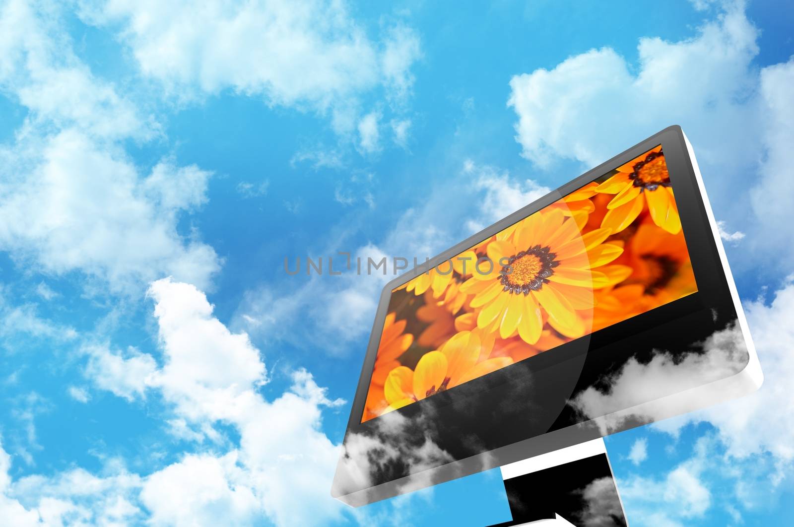 Technology and Nature Theme. Modern Computer Display Between the Clouds. Cloudy Blue Sky. Orange Flowers on the Screen.