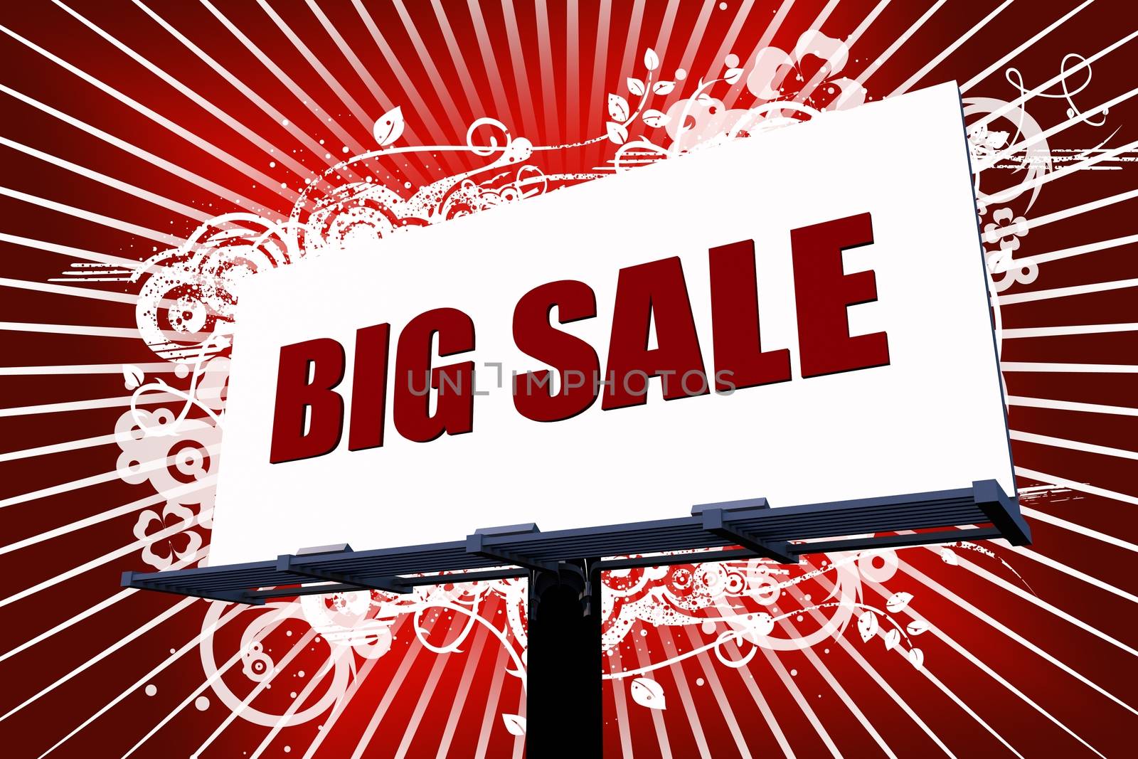 Outdoor Billboard Urban Illustration. Large Billboard with Big Sale Event on it. Floral Ornaments and White Rays in the Background. Billboard Illustration.