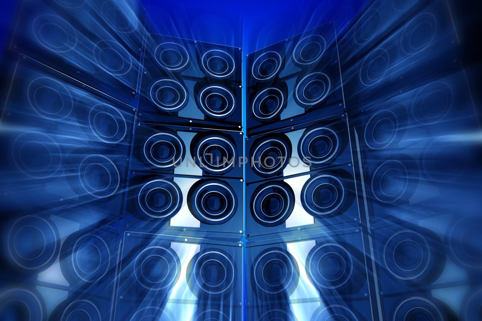 Loudness Party. Performance Theme with Large Bass Speakers and Motion Blur Effect. Blue Tones. Perfect for Techno Party Flyers etc. 3D Rendered Illustration.