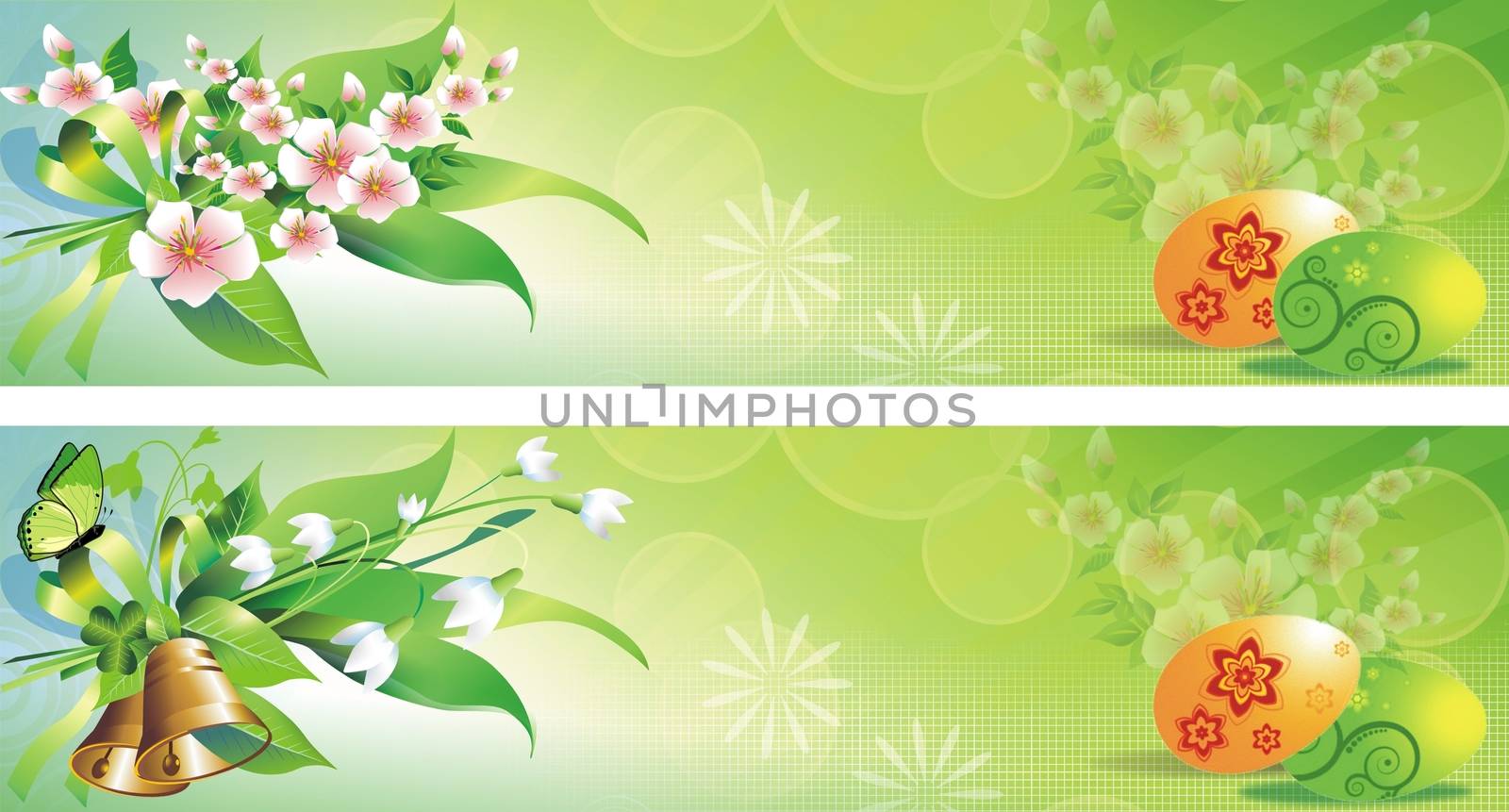 Green Spring Easter Banners with Eggs and Floral Elements. Two Easter Banners to Choose From.