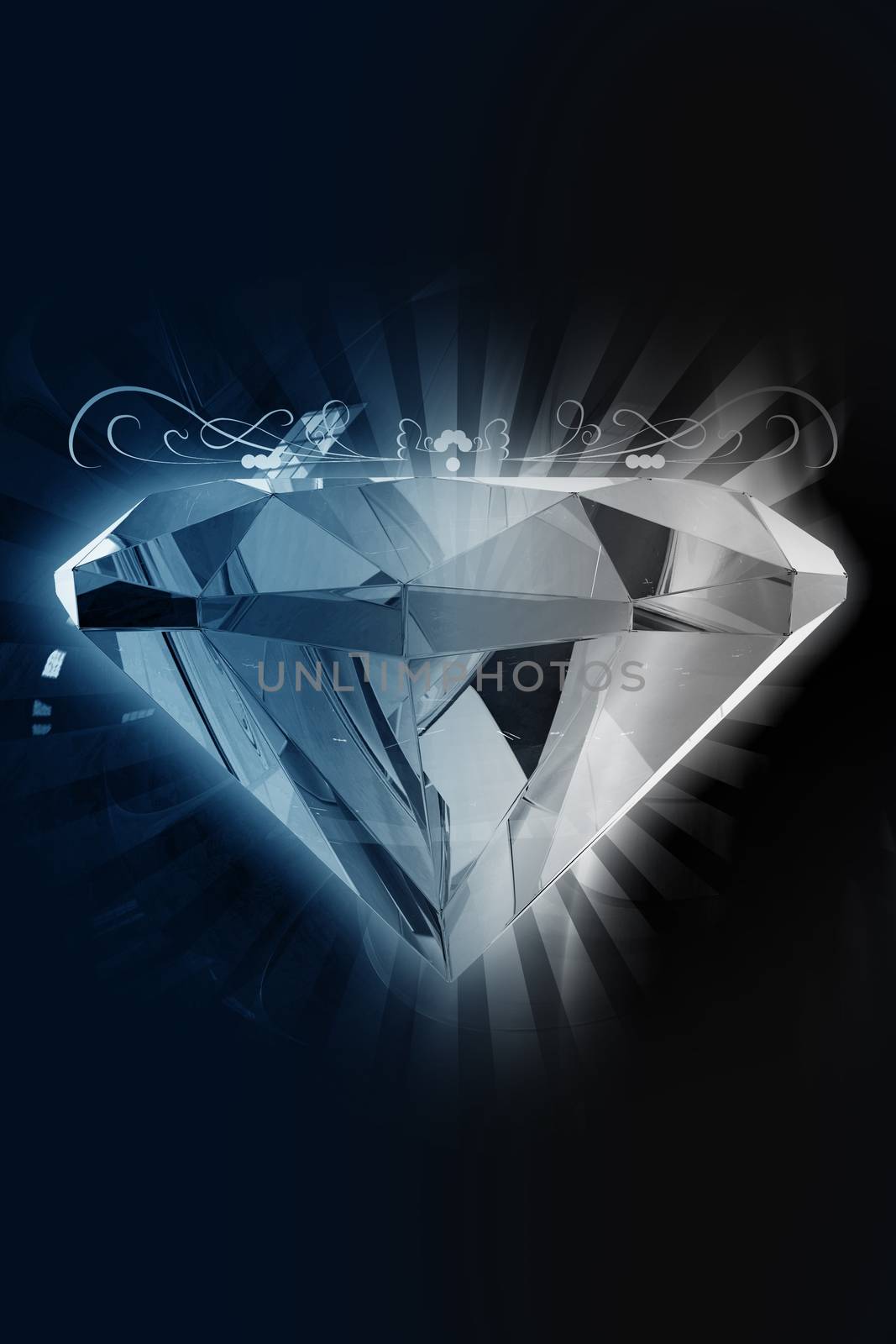 Black Diamond - Elegant Diamond Background. 3D Rendered Diamond with Rays and Ornaments. Black-Dark Background. Vertical Design. Great as Jewelry Store Background etc.