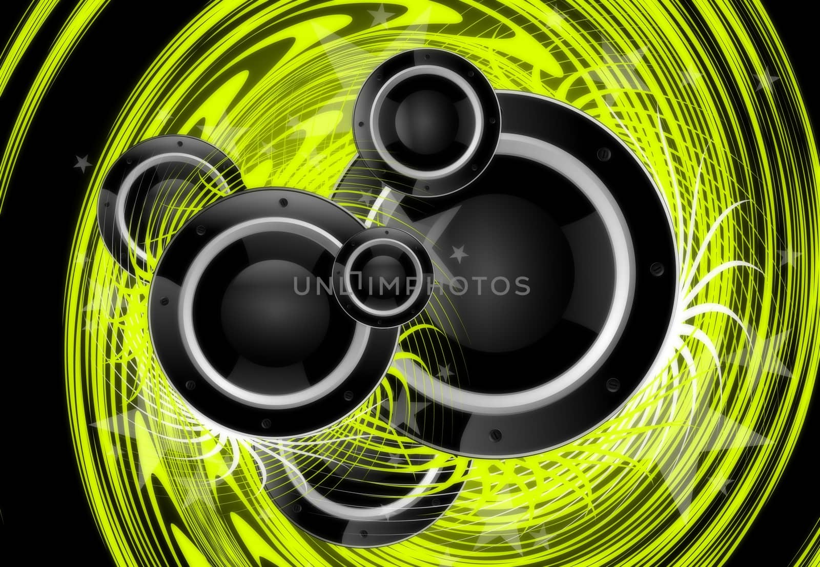 Cool Green Music Vortex Background Design with Large Black Speakers.
