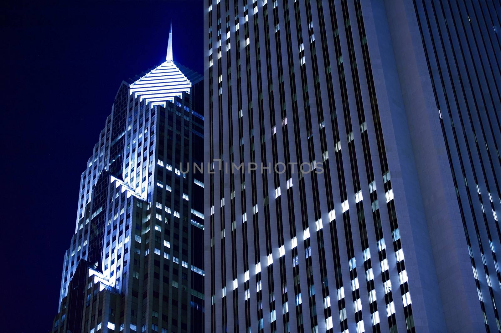 Chicago Skyscrapers at Night. Residential and Commercial Space in the Heart of Chicago. Horizontal Photo.