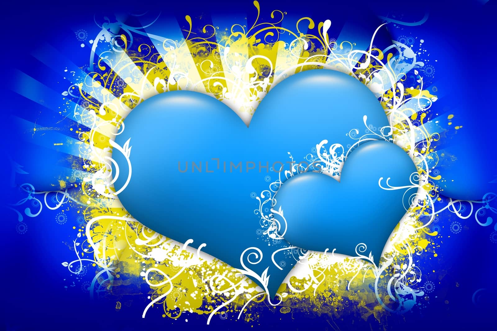 Blue Hearts Design. Two Glassy Blue Hearts with Floral Ornaments. Dark Blue Background with Yellow Grunge Rays. Valentine\'s Day Illustration.