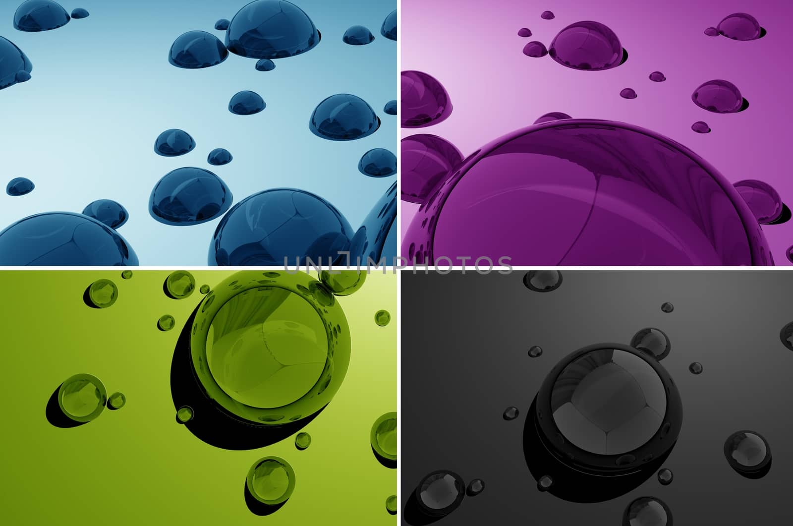 Water Drops 3D. Beautiful Four Color 3D Render Illustration with Water Drops. Water Drops Multicolor Background.