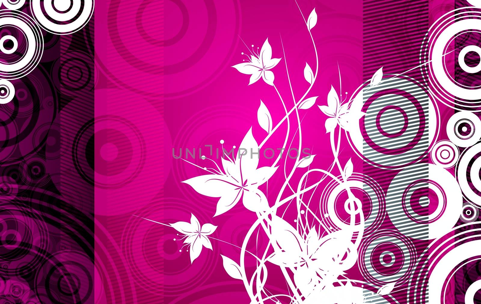 Floral Pinky Abstract Illustration with Flowers and Circles. Dark Pink Background. Vector Art - Raster File