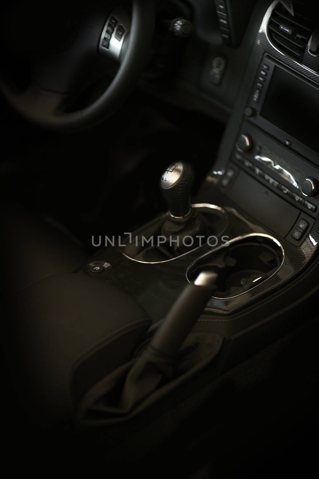 American Sport Car. High Performance Manual Transmission American Vehicle. Dark Elegant Sporty Looking Interior. Vertical Photography.