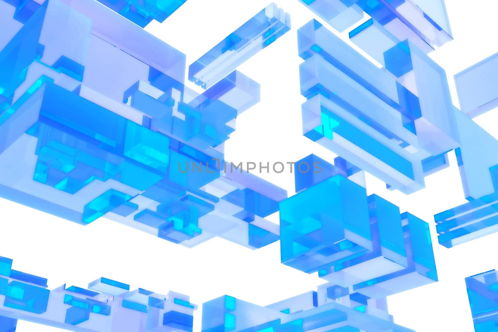 3D Blue Glass Cubes - Solid White Background. 3D Render Illustration