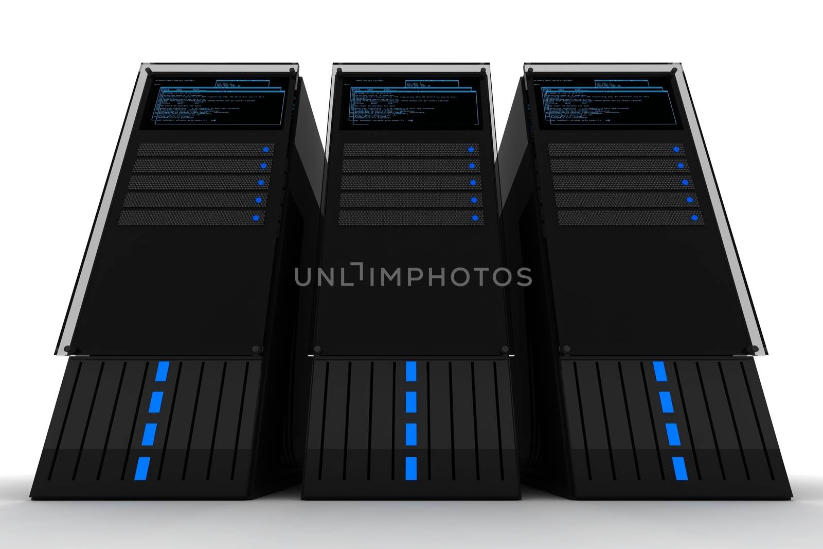 Three Servers. Datacenter. Three Black Server Computers on the White Background. 3D Render. Servers Illustration.