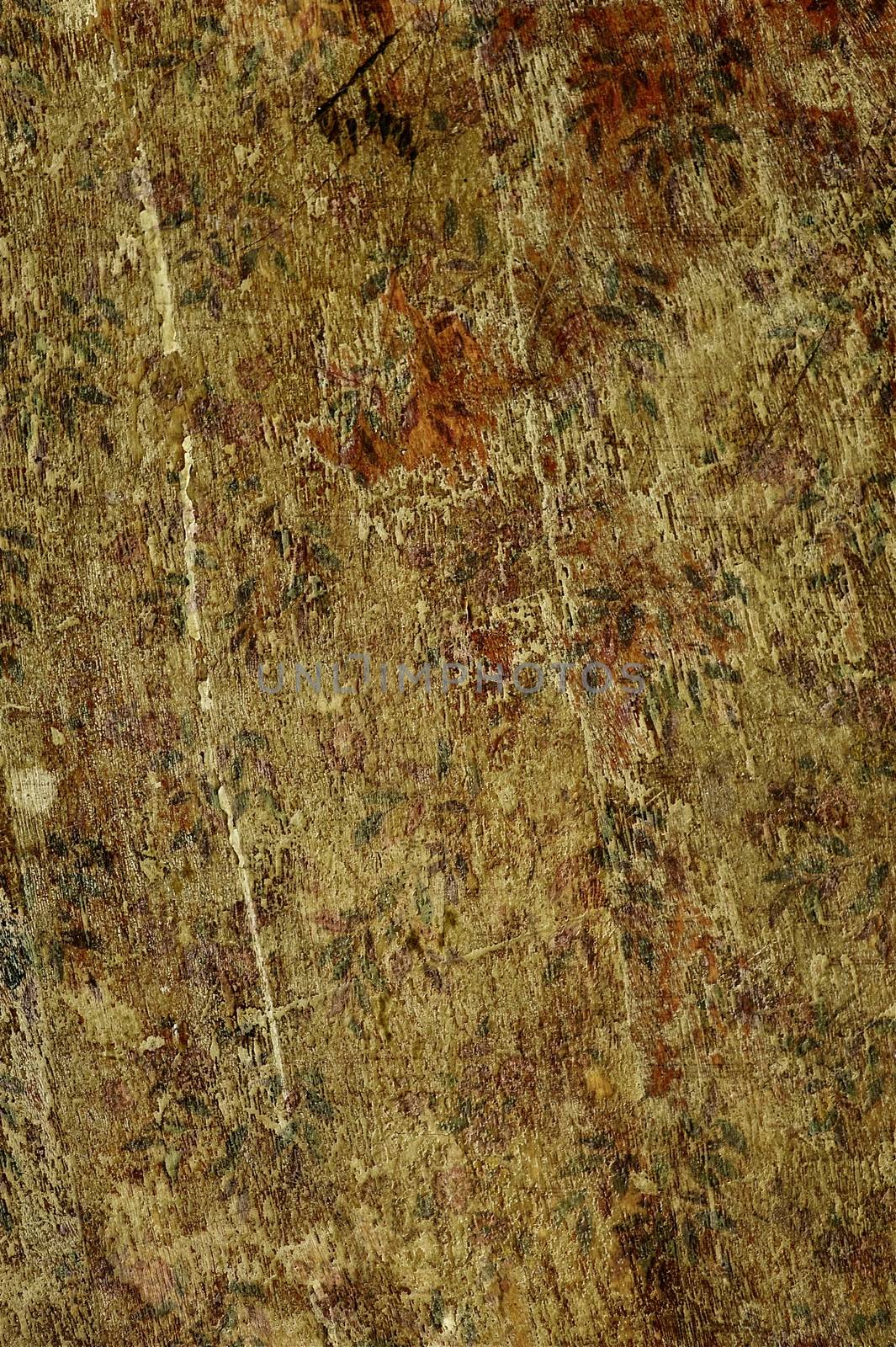 Old Wood Plank with Old Floral Elements. Dirty Vintage Wood Board Background. Vertical Image.