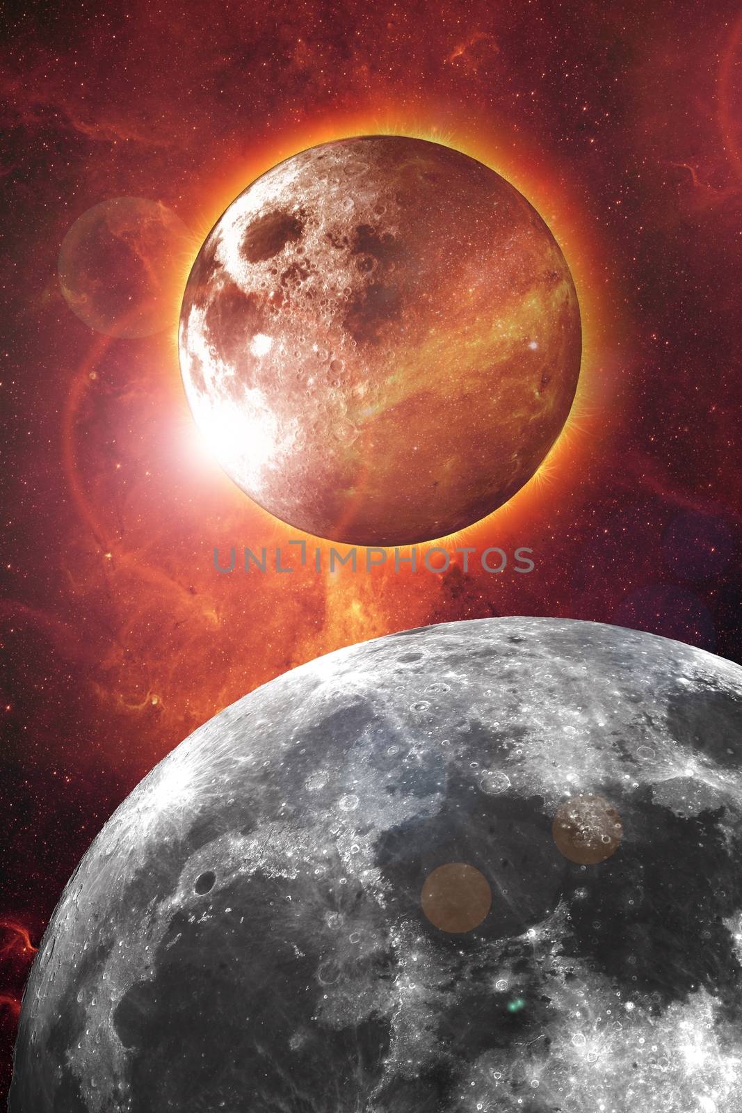 Nibiru - Planet X and Our Moon Abstract Vertical Design. Red Glowing Space Background. 