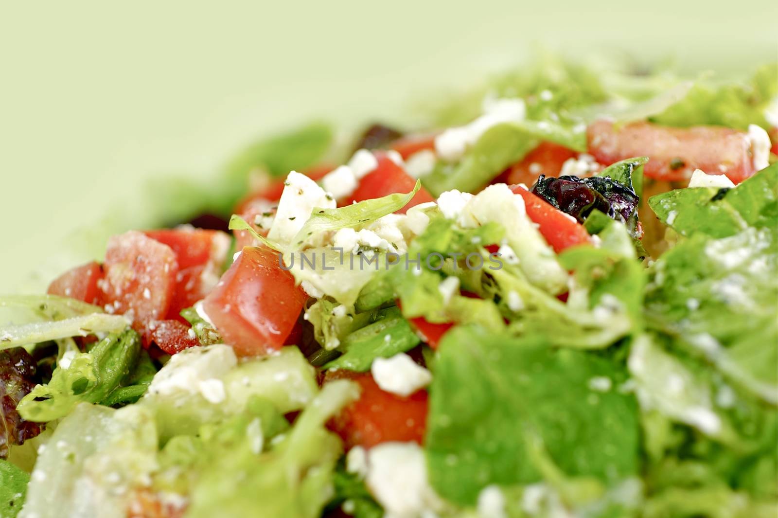 Healthy Vegetables Salad Closeup Horizontal Photo. Light Green Background.