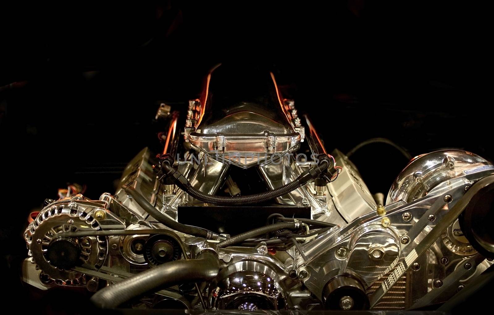 Muscle Car Engine in the Dark. Powerful American Muscle Car Gasoline Engine
