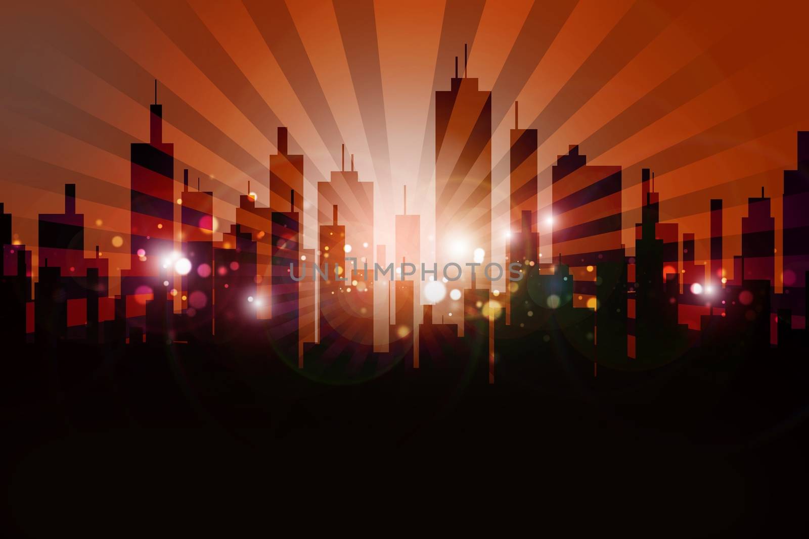 Skyline Urban Design. Cool Browny-Orange Skyline Sun Rise with Rays and Glowing Particles.
