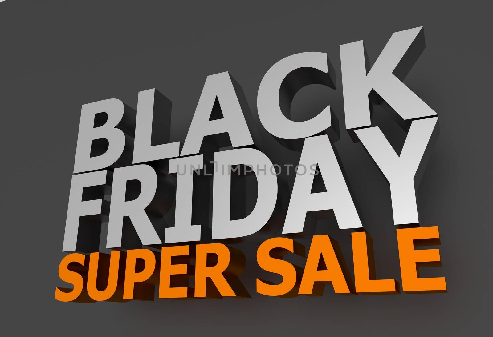 Black Friday Super Sale 3D Lettering on Dark Gray Background. Orange Super Sale Letters. 3D Rendered Illustration.