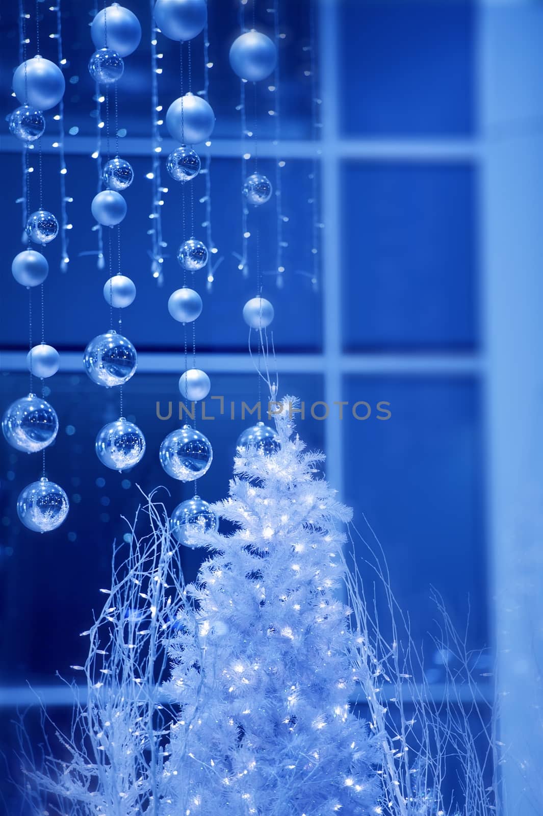 Blue Christmas. Cool Modern Blue Christmas Decoration - Christmas Ornaments. Season Greetings. Vertical Photography