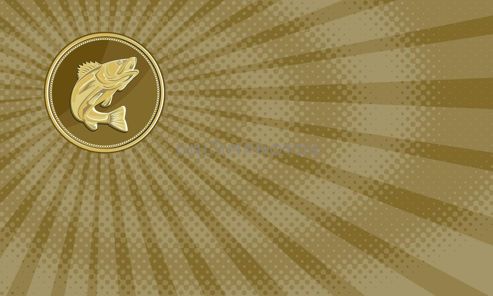 Business card showing Illustration of a barramundi or Asian sea bass (Lates calcarifer) jumping viewed from the side set inside gold brass coin medallion done in retro style. 


