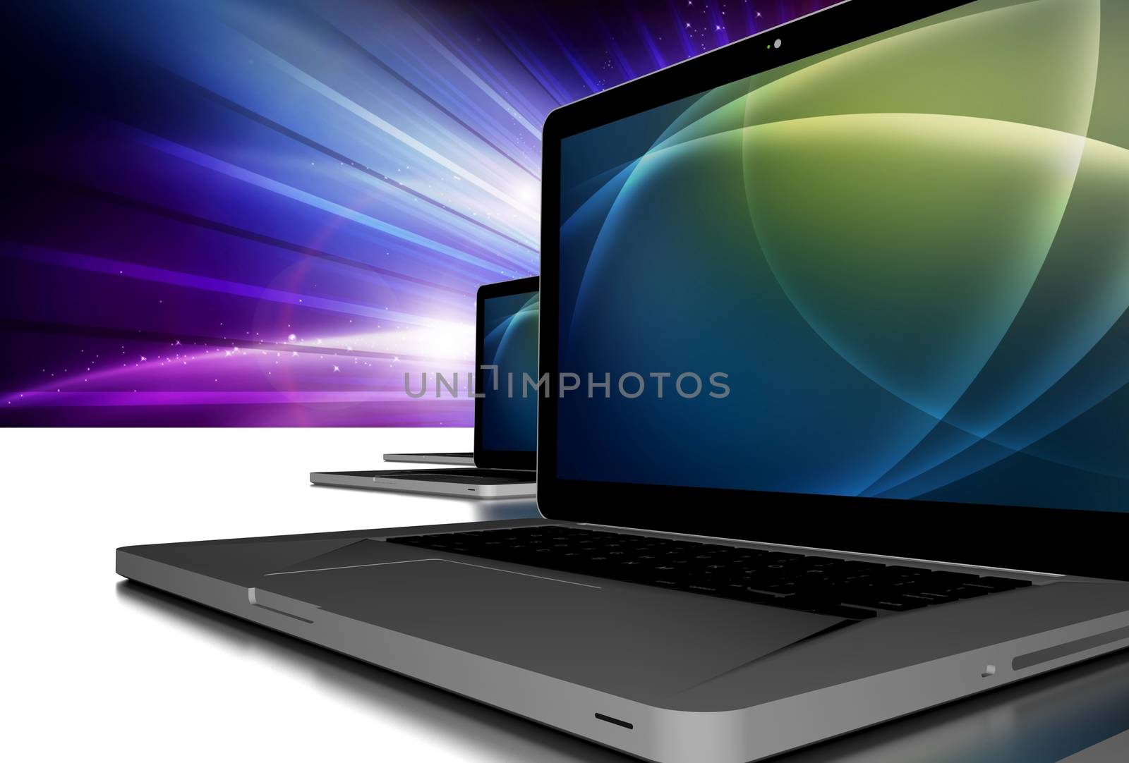 Laptop PC Computers on the  White Table> Colorful Shiny Background. 3D Rendered Illustration. Laptop Computer Closeup