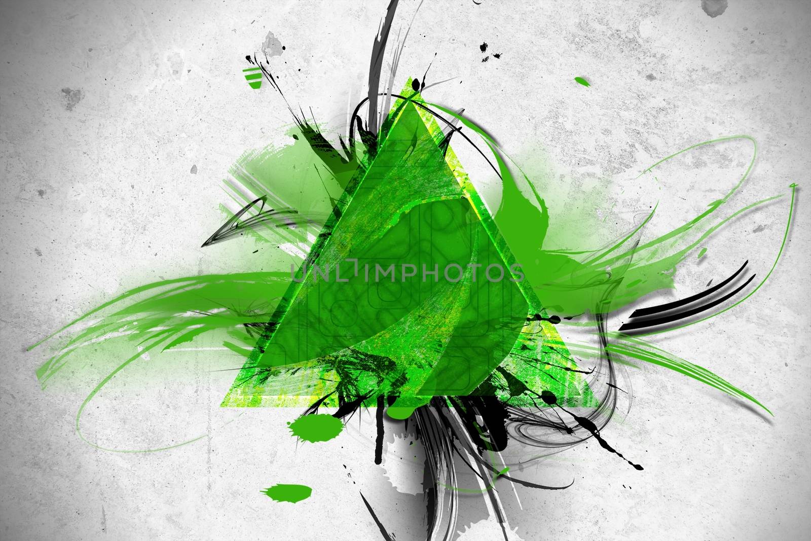 Green Triangle Abstract Illustration. Creative Illustration with Green Triangle and Many Design Elements. Great Spot for a Logo of Your Company! Grunge Background.