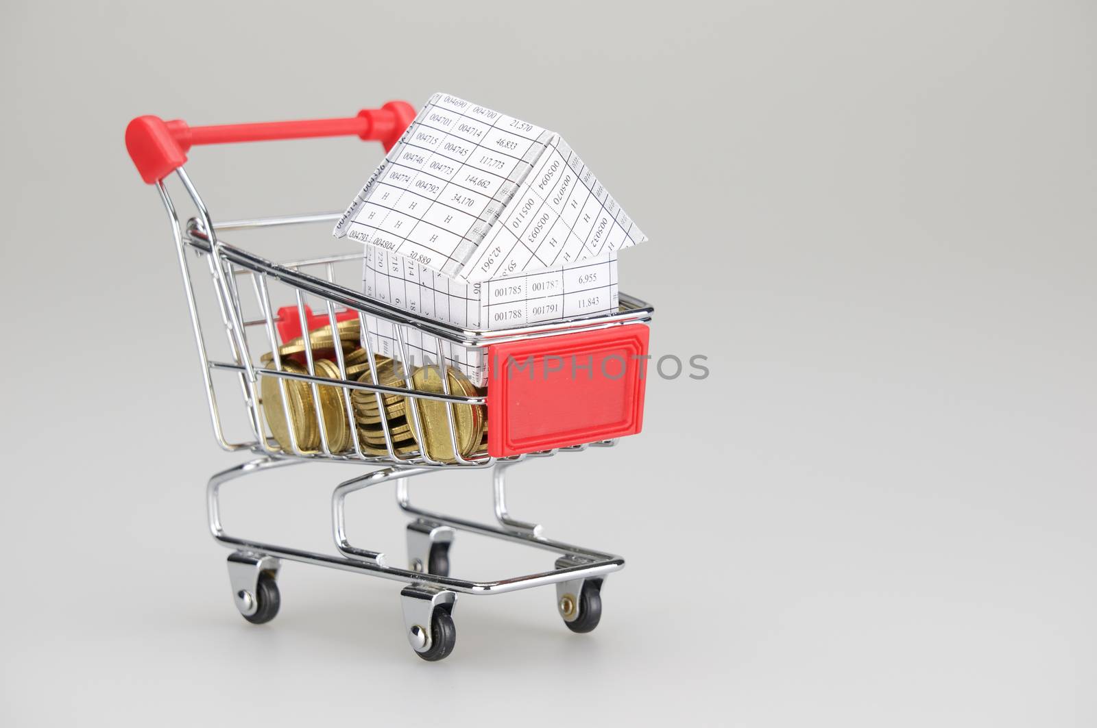 House in shopping cart with gold coins on white background by eaglesky