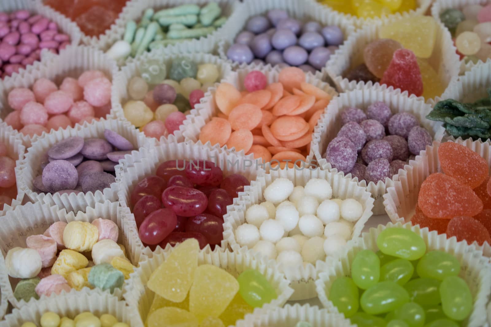 Many bonbons exposed in a confectionery shop