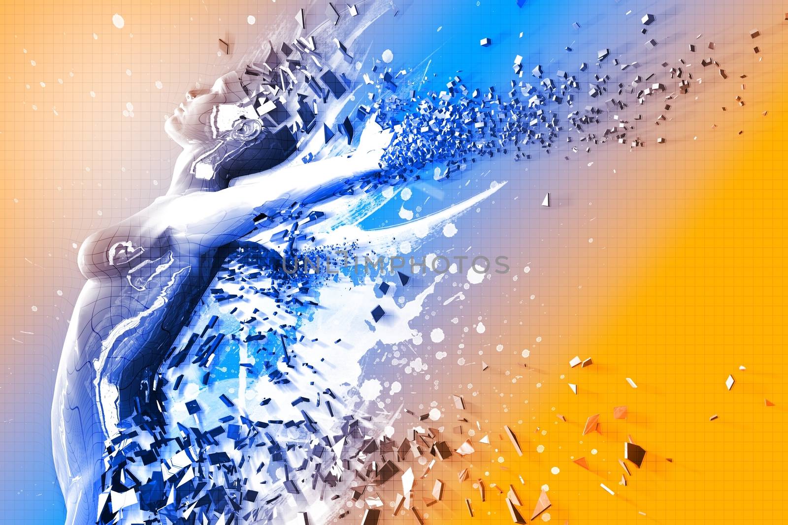 3D Art - 3D Exploding Digital Female - 3D Render.  Blue-Orange Background