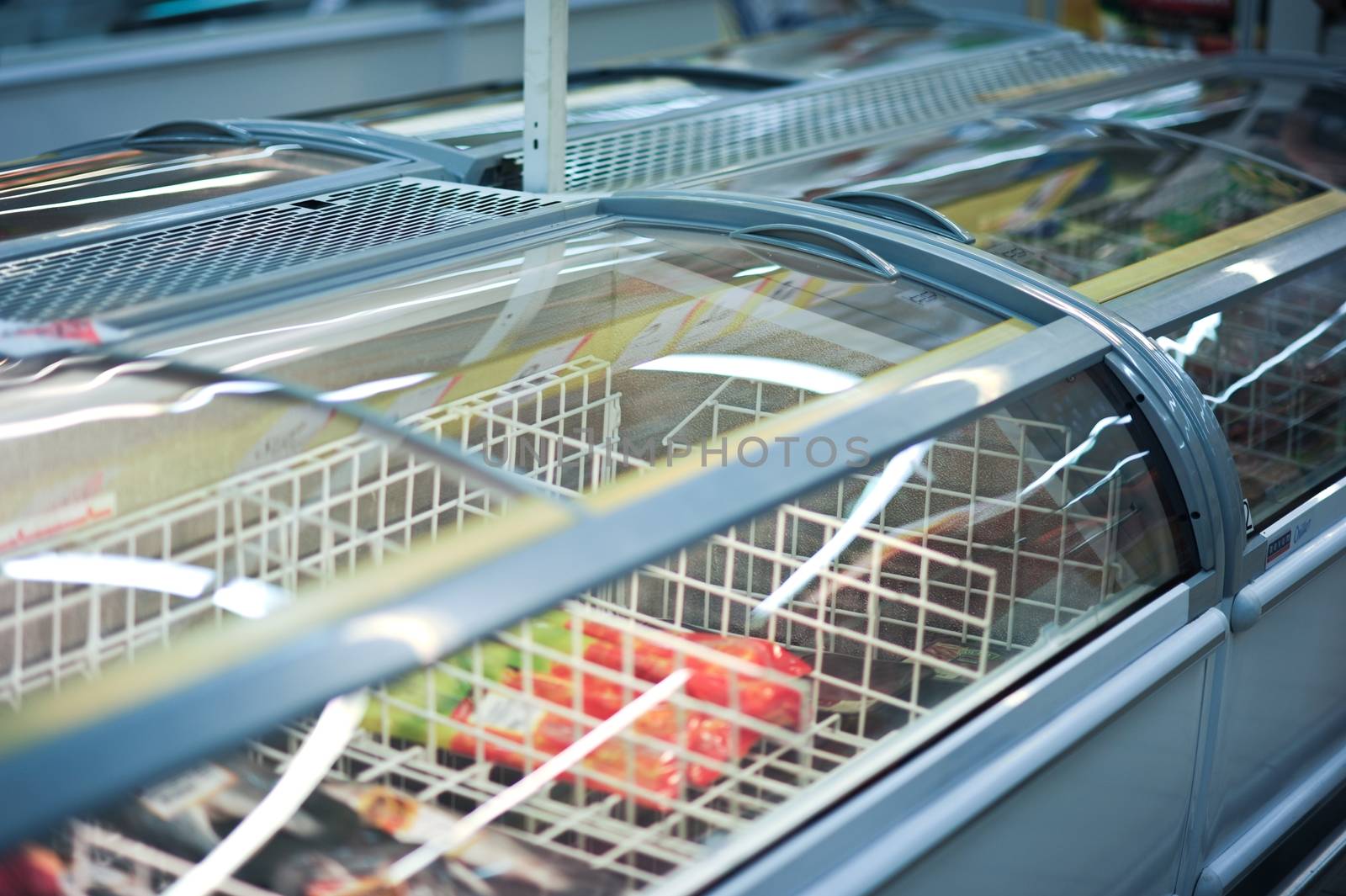 Commercial Refrigerator with Ice-Creams Inside. Cooling Storage - Refrigerator Horizontal Photo.