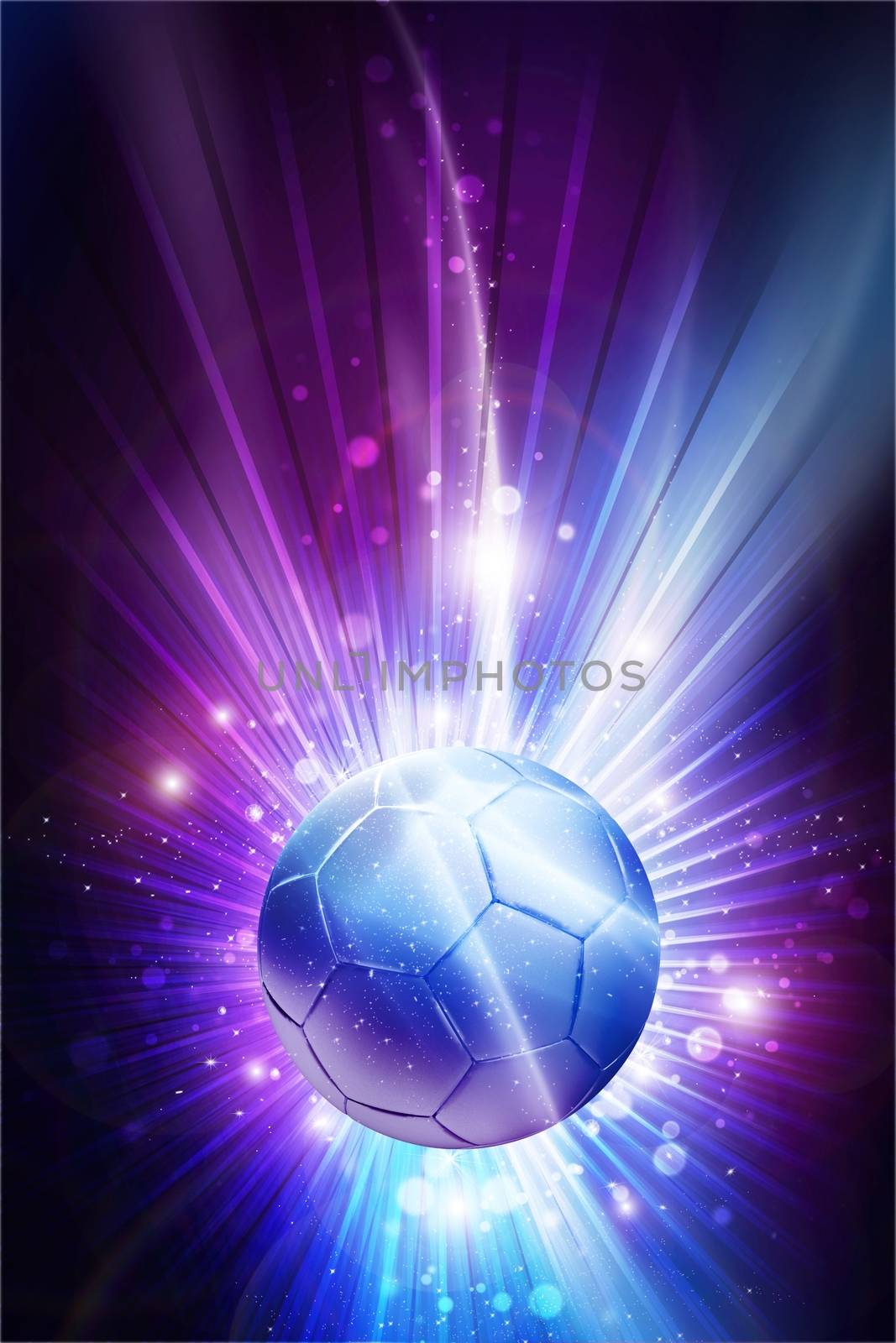 Soccer All Stars - Cool Glowing Stars Soccer Theme Background. Mysterious Purple-Pinky Colors and Soccer Ball in the Center of Shine / Rays. Vertical Design