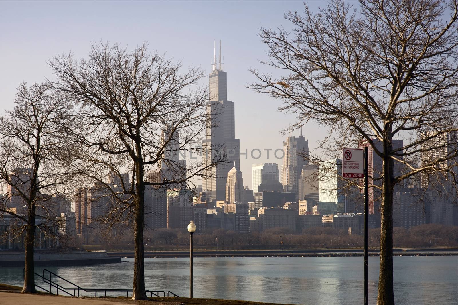 Dry Winter in Chicago. Downtown Chicago Skyline. Picture Taken From Adler Planetarium Lakefront. Calm Lake Michigan.