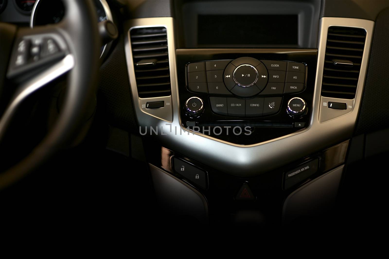 Dark Car Dashboard Horizontal Studio Photography. Modern Car Interior Design.