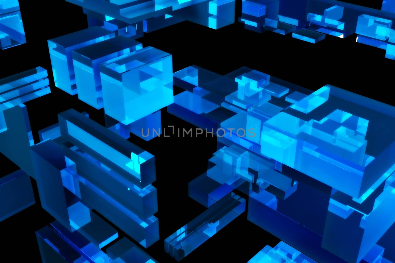Blue 3D Blocks - Dark Background. 3D Render Illustration. Blocks Background.