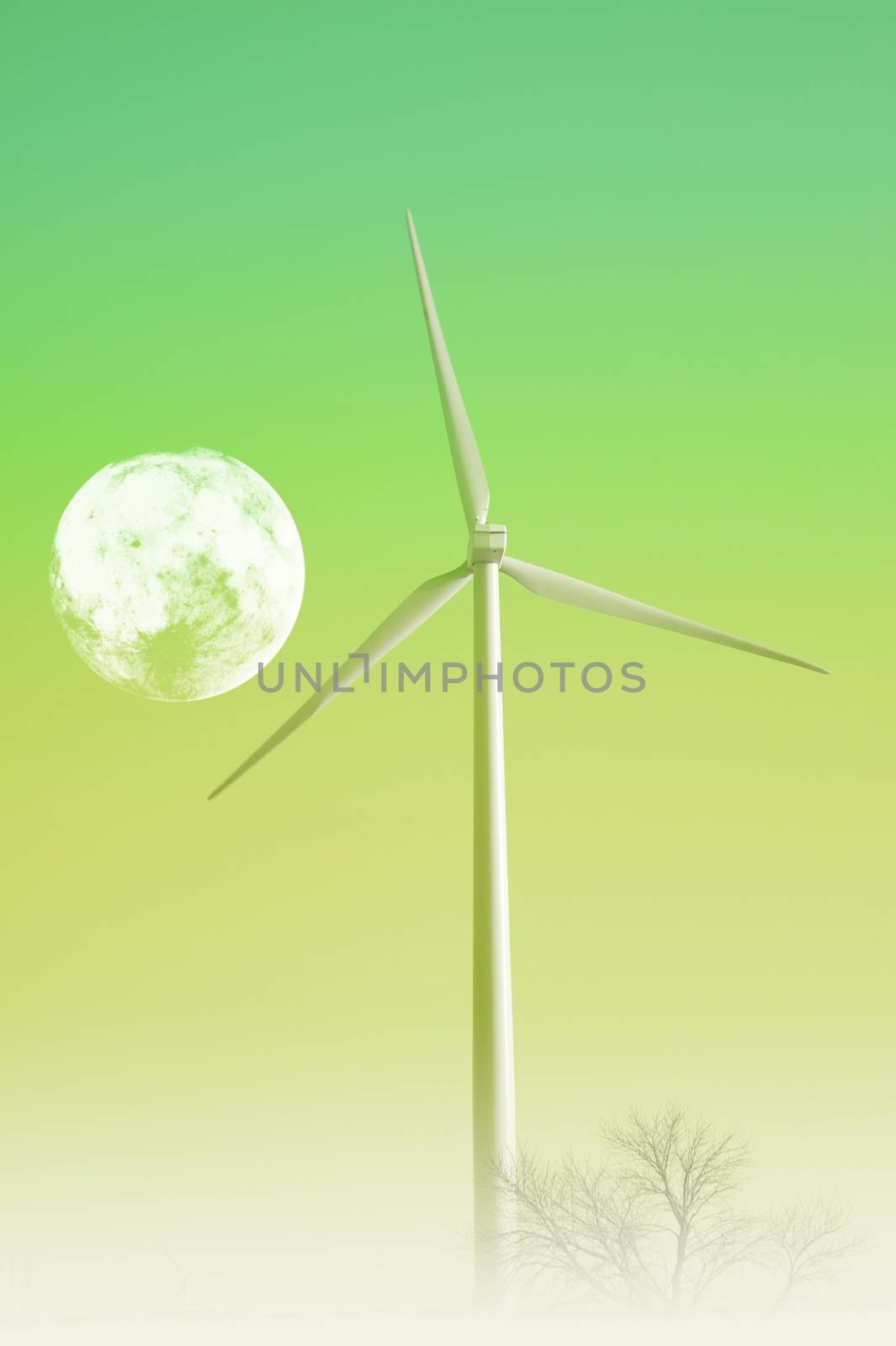 Wind Turbine and the Moon. Green Energy Theme. Great as Background.