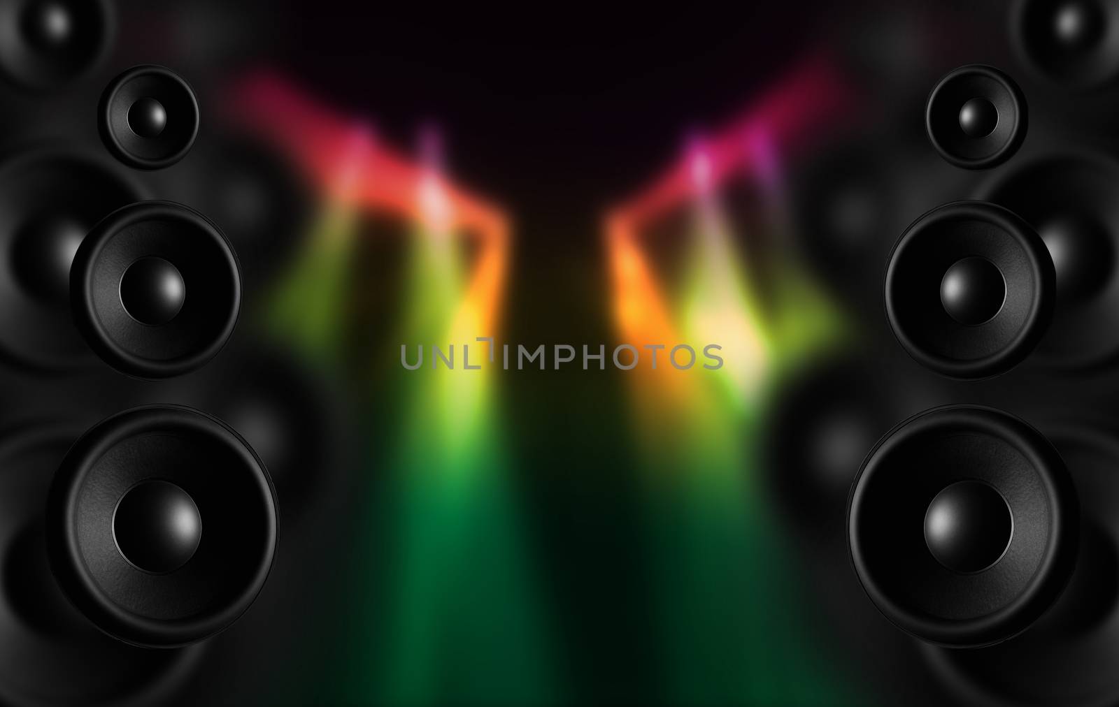 Disco Speakers and Colorful Disco Lighting Spots. Cool Dark Music Theme Perfect for Concerts, Parties etc.