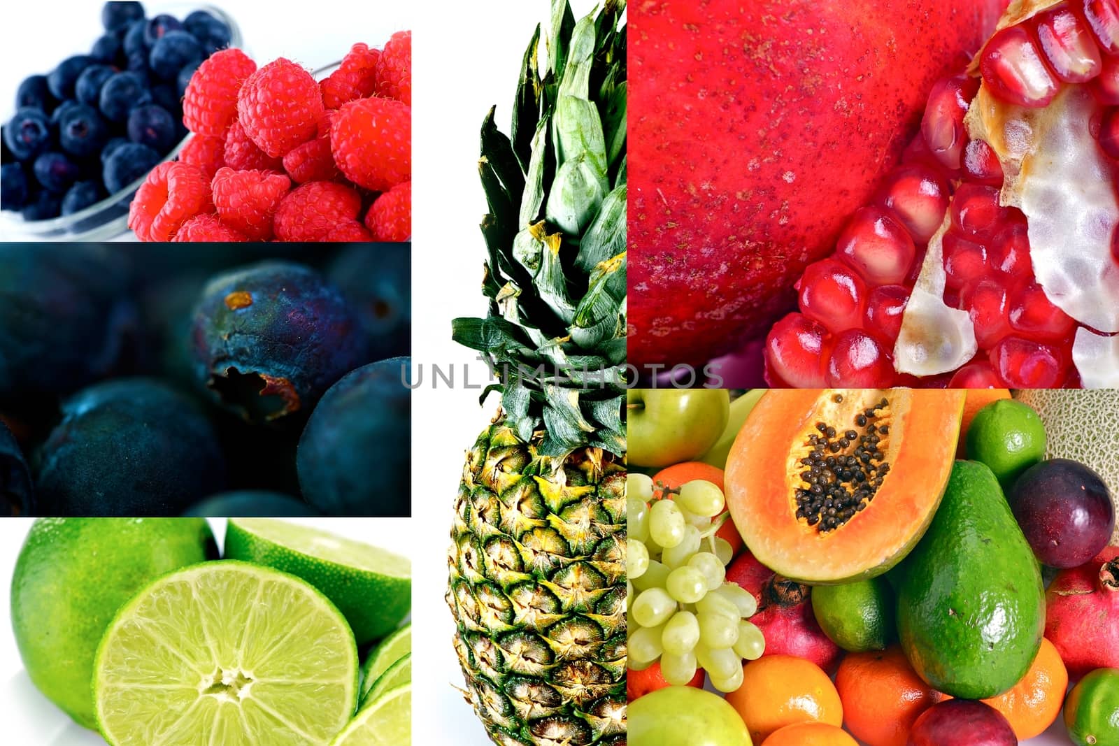 Fruits Freshness. Multi-Fruits Mosaic. Blueberries, Raspberries, Pineapple, Limes, Pomegranate, Avocado, Grapes and More! Fruits and One More Time Fruits.