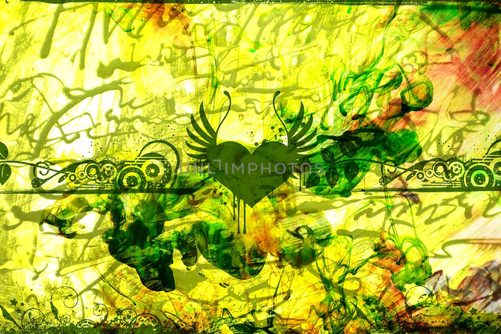 Grungy Green Abstract with Strange Fluids, Inks and Floral Elements. Heart in the Center. Cool Green Grunge Design