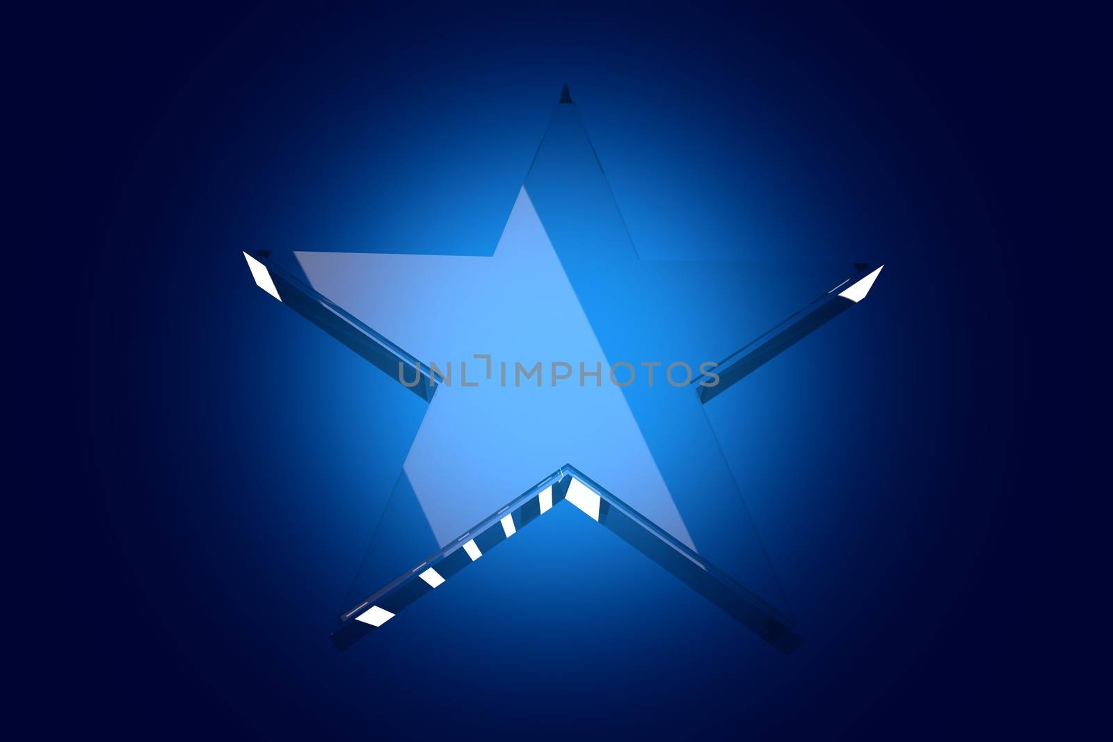 Glass Star on Dark Blue Background. Glass Star Copy Space. Horizontal 3D Glassy Star Background.