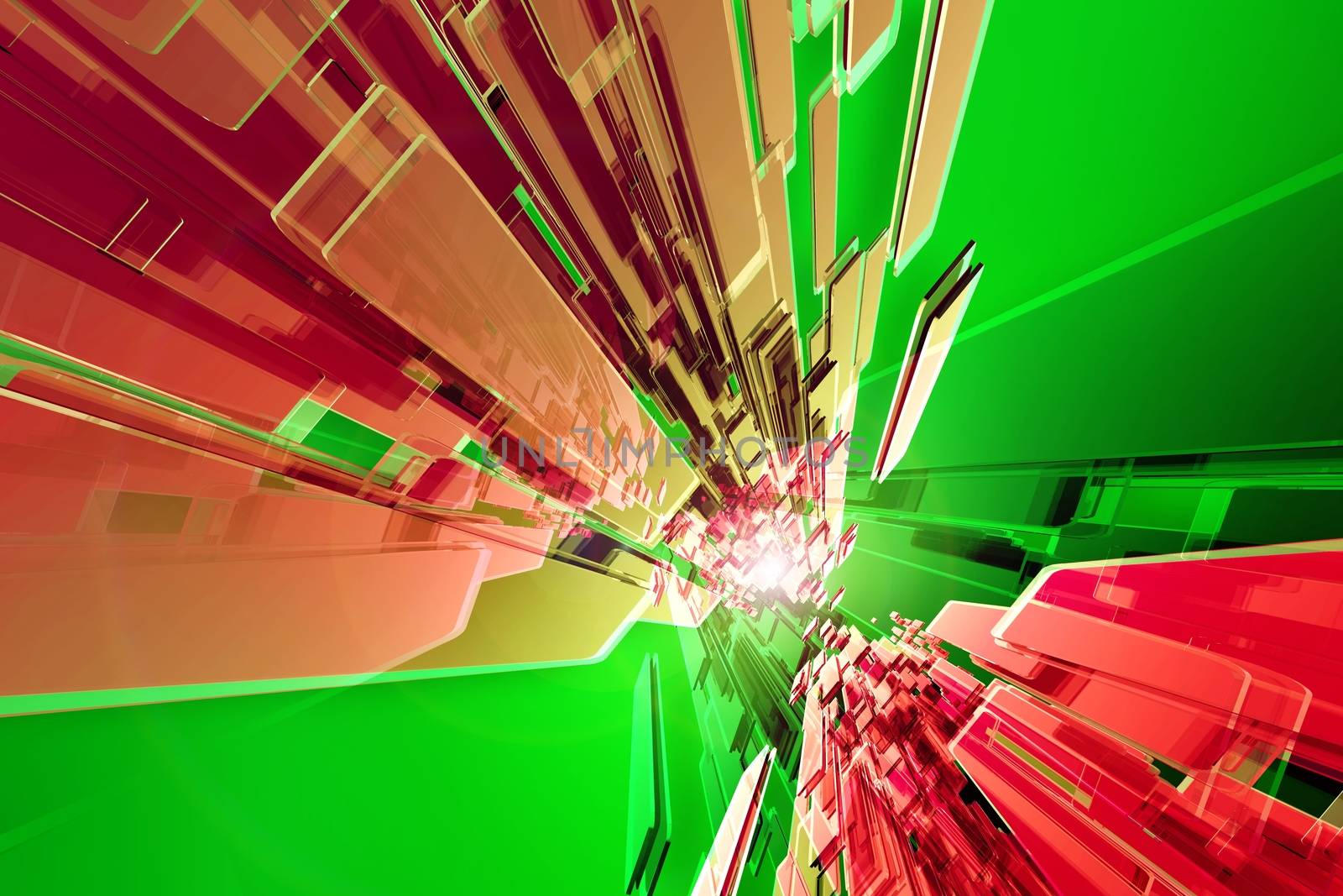 Red-Green Tech. Abstract 3D Rendered Red-Green Glass Objects Background. Streaming Media Abstract Design.