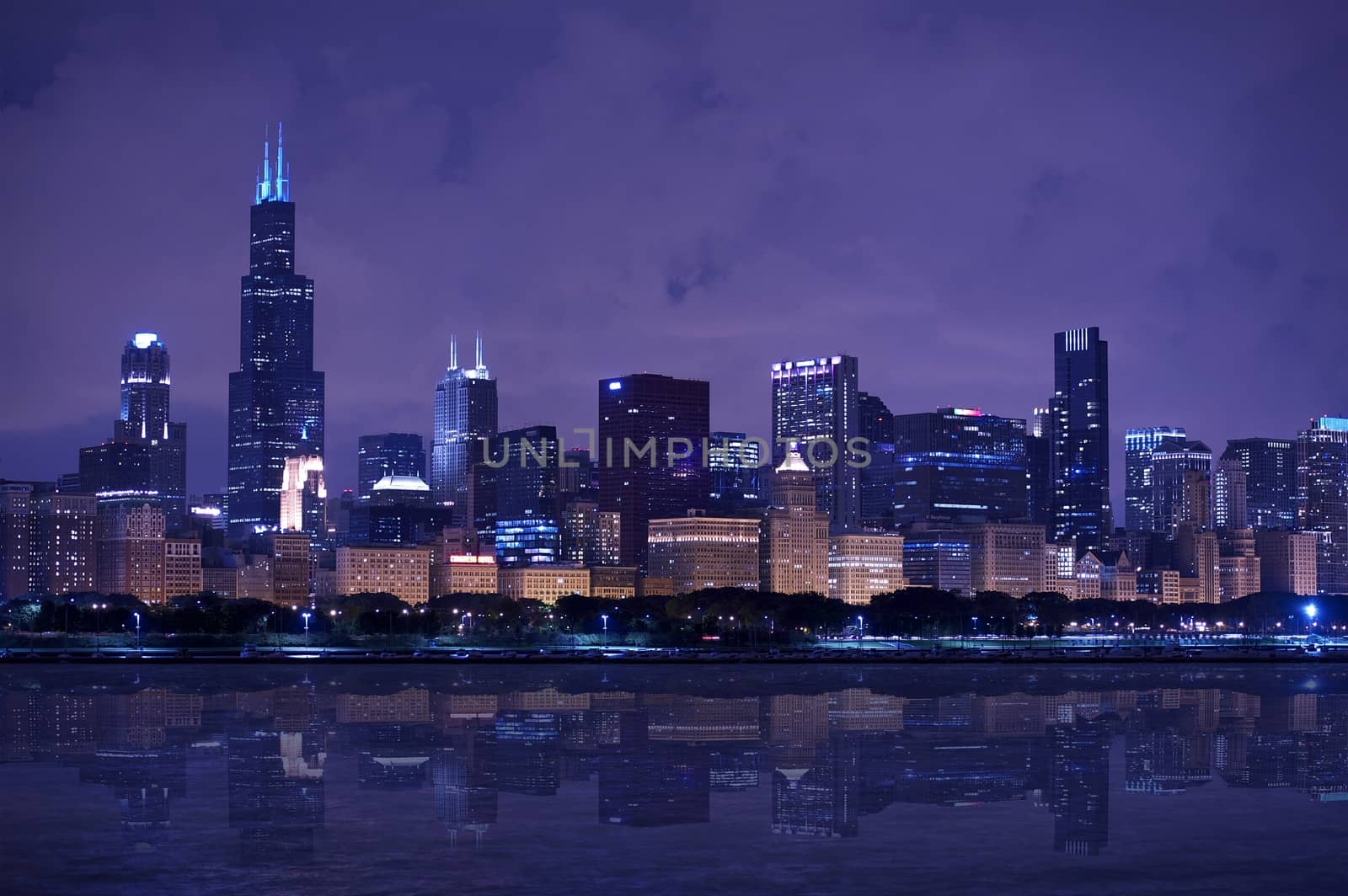 Chicago Skyline Panorama - Chicago Skyline East Side - Lake Front. Horizontal After Dark Photography