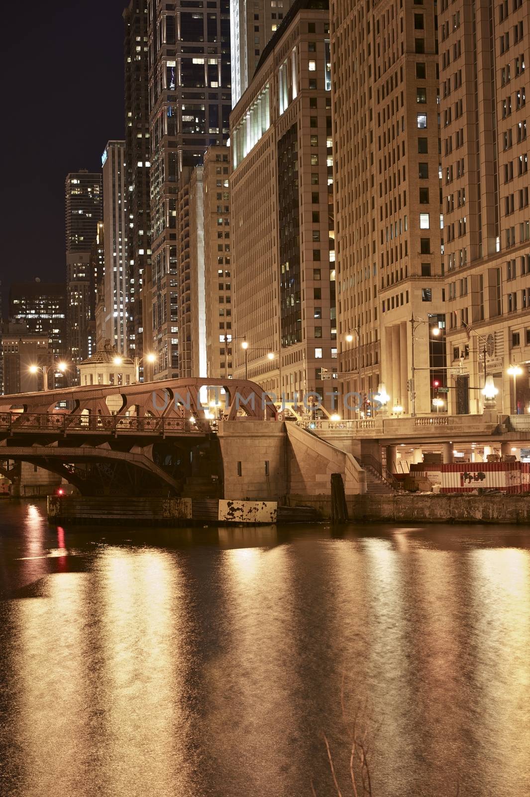 Chicago Golden Night - Wacker Drive and Chicago River. Chicago Downtown at Night. Vertical Photography.