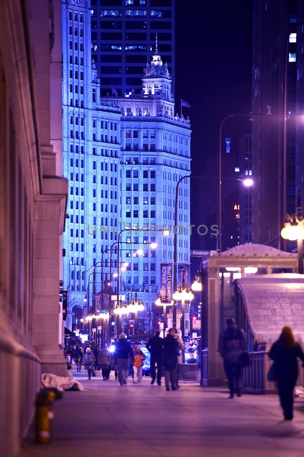 Chicago Michigan Avenue Vertical Photography After Dark. Chicago, Illinois, USA. Chicago\'s Famous Street Located in Downtown.