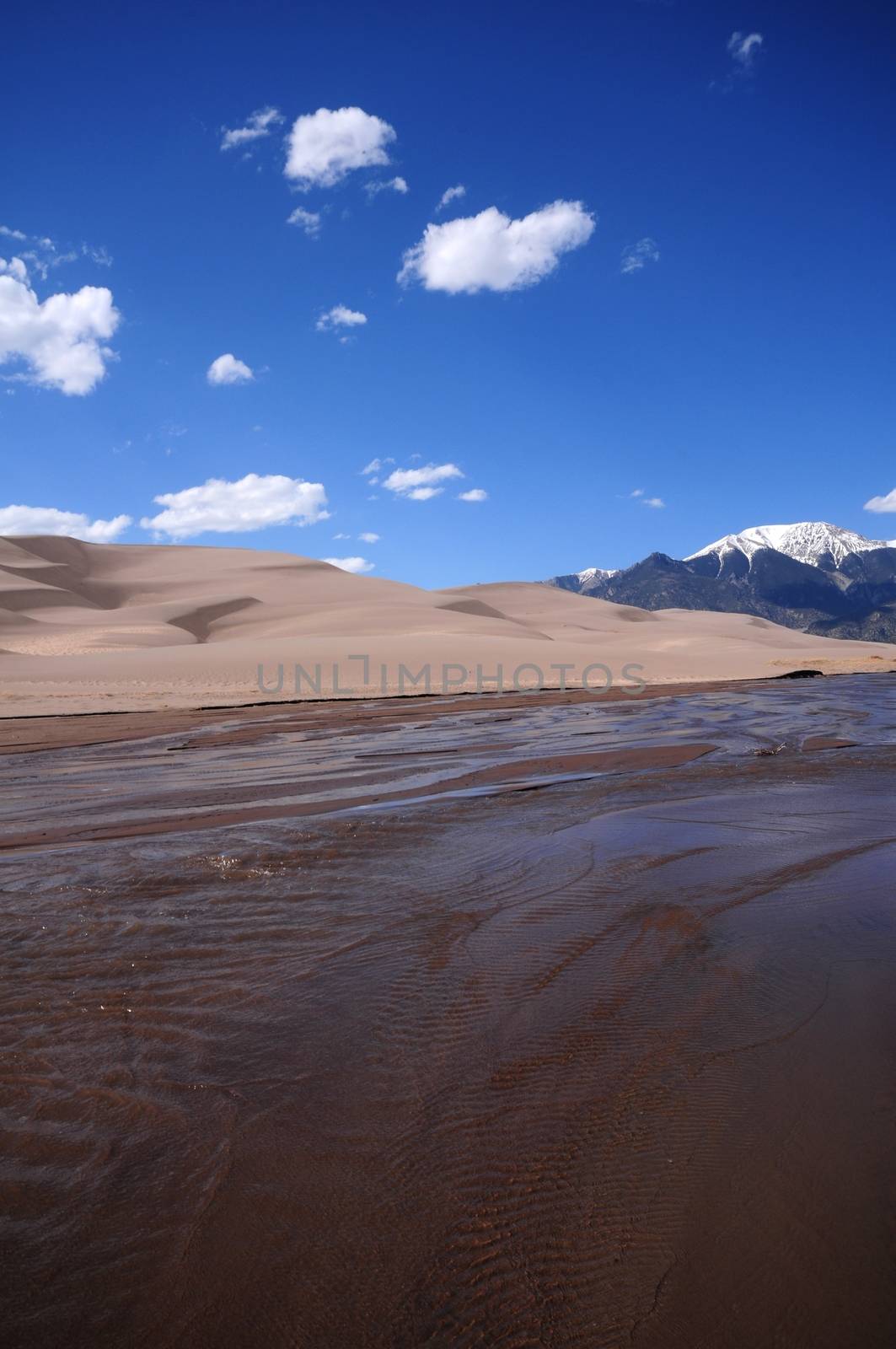 Great Sand Dunes National Park, Colorado USA. Clear Blue Sky with Some Small Clouds. Vertical Alignment Photo
