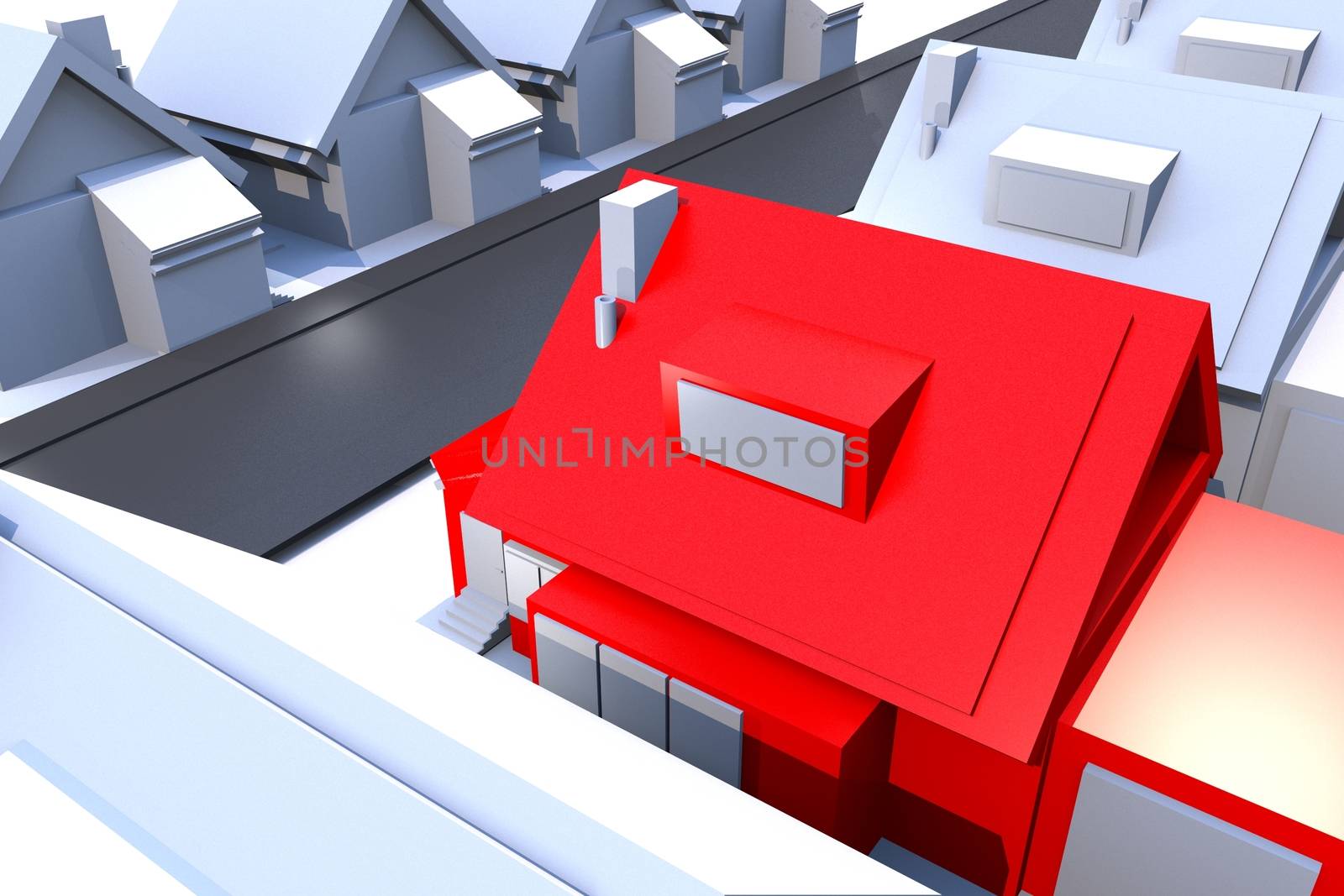 Red House - Real Estate 3D Render Illustration Theme. Light Blue-Gray Residential Area with Single Red House.