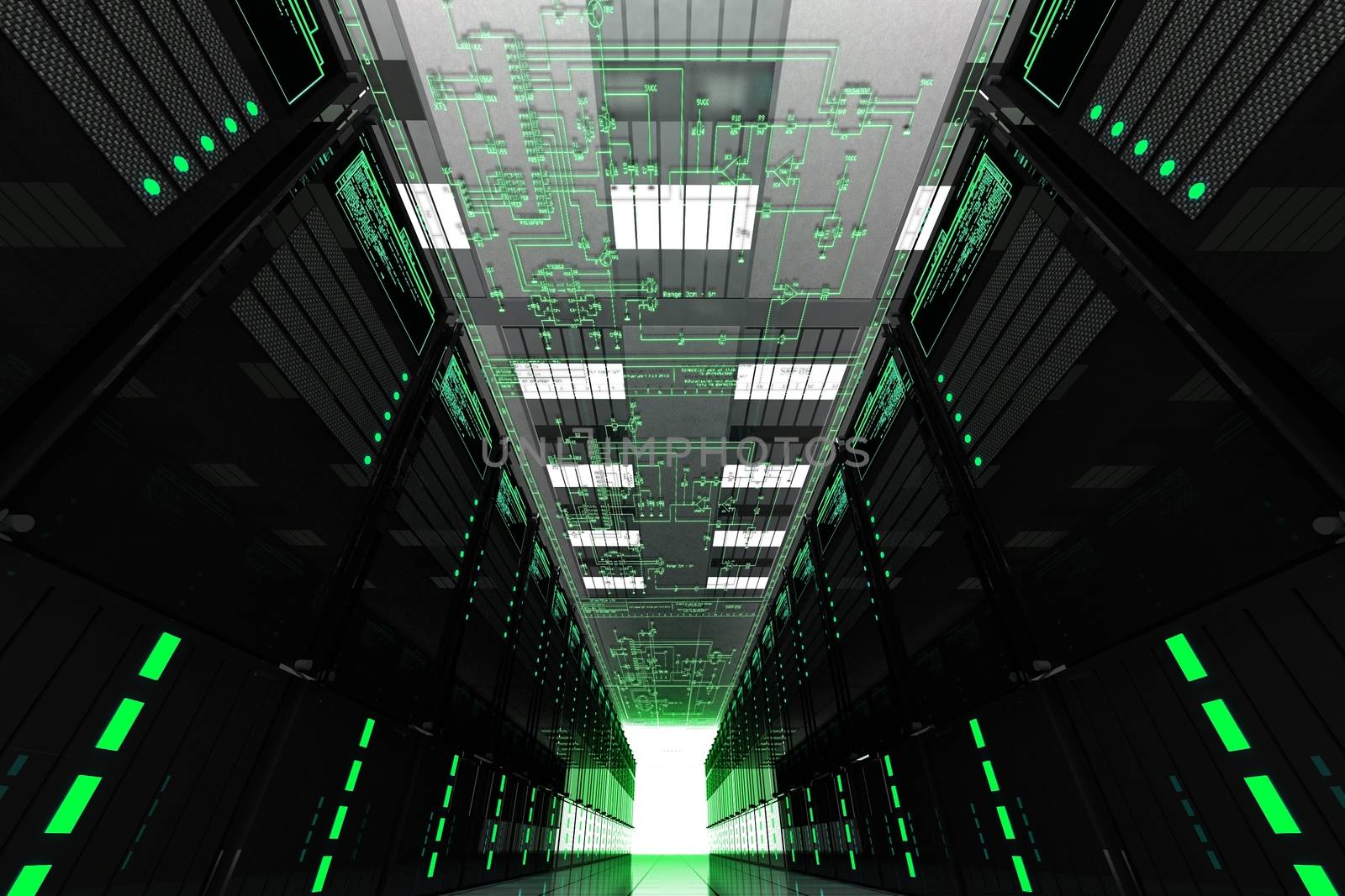 Servers Room. Large Data Center with Many Web Servers. Electronic Schema on the Top. Hosting Theme Render.