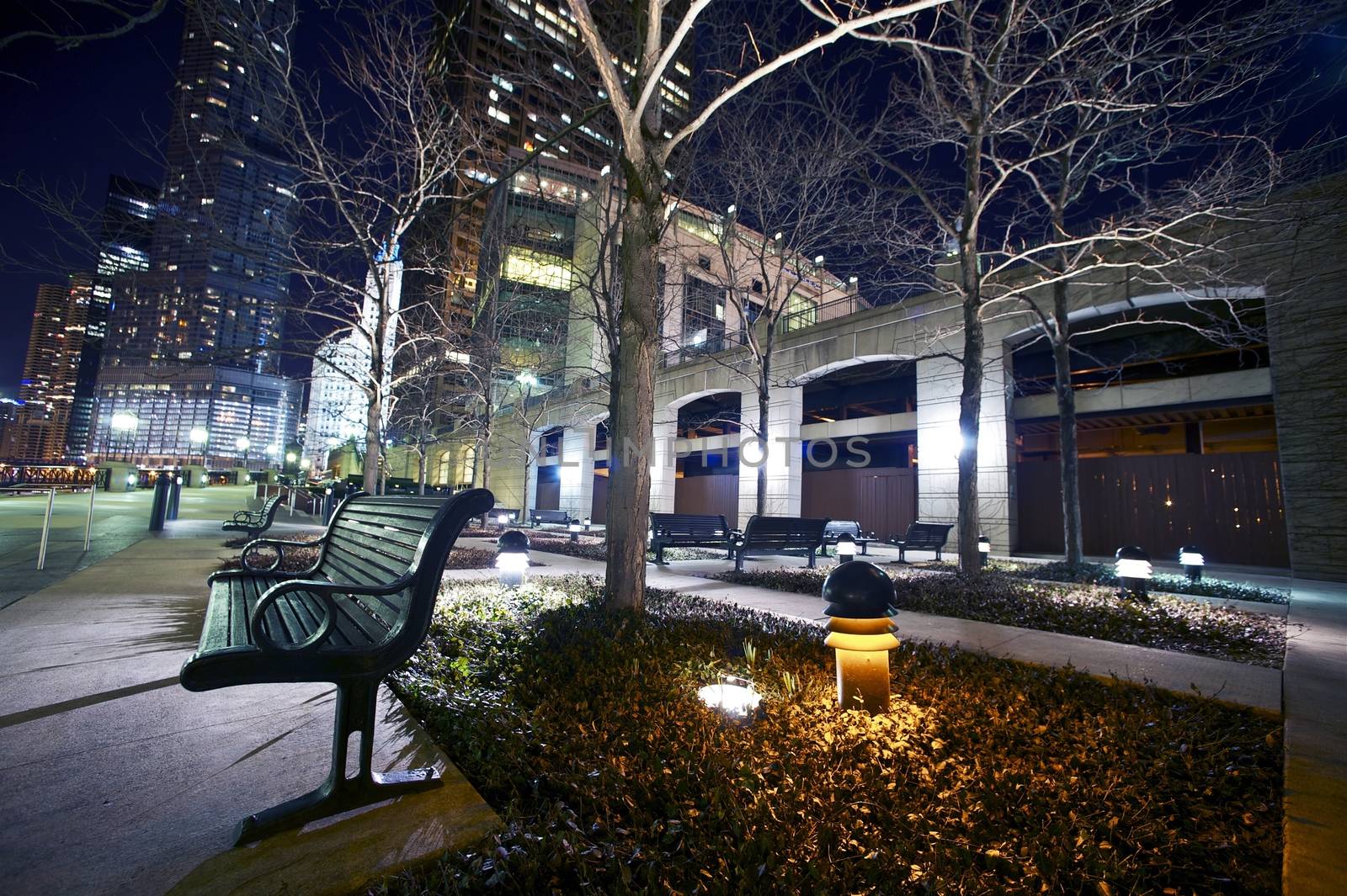 Bench on Chicago Riverwalk at Night. Downtown Chicago at Night. Horizontal Wide Angle Photography