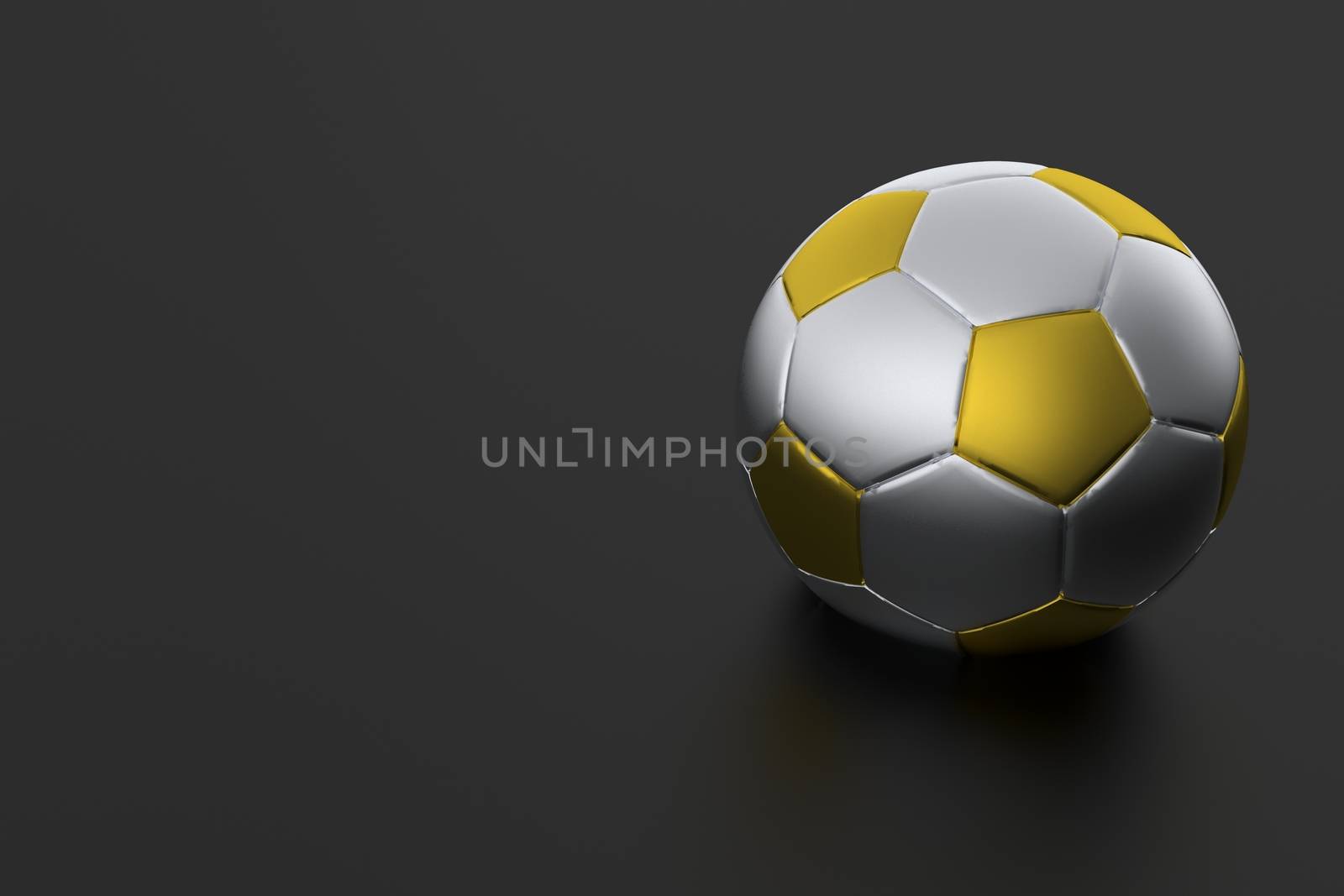 Cool Dark Soccer Background with Solver-Gold Soccer Ball. Euro Football Dark Horizontal Background with Copy Space.